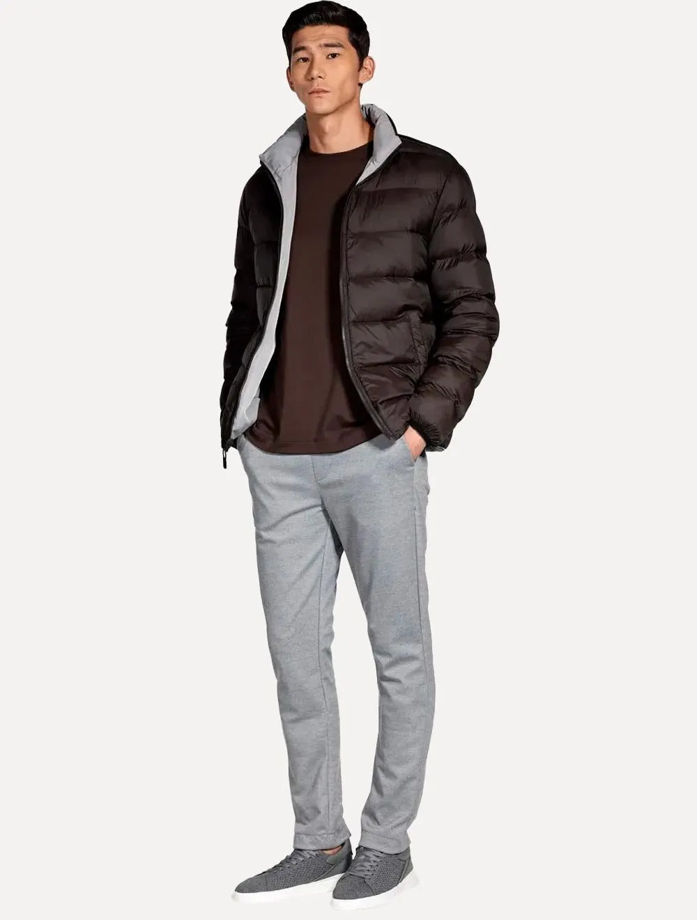 Jaqueta Aramis Masculina Nylon Dupla Face Brown Puffer Cinza