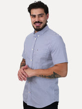 Camisa Tommy Hilfiger Masculina Manga Curta Pocket Gingham Azul Médio