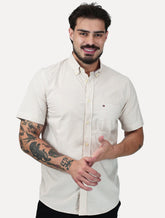 Camisa Tommy Hilfiger Masculina Manga Curta Regular Listrada Oxford Cáqui