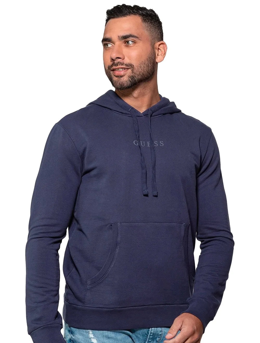 Moletom Guess Masculino Hoodie Small Logo Silk Azul Marinho