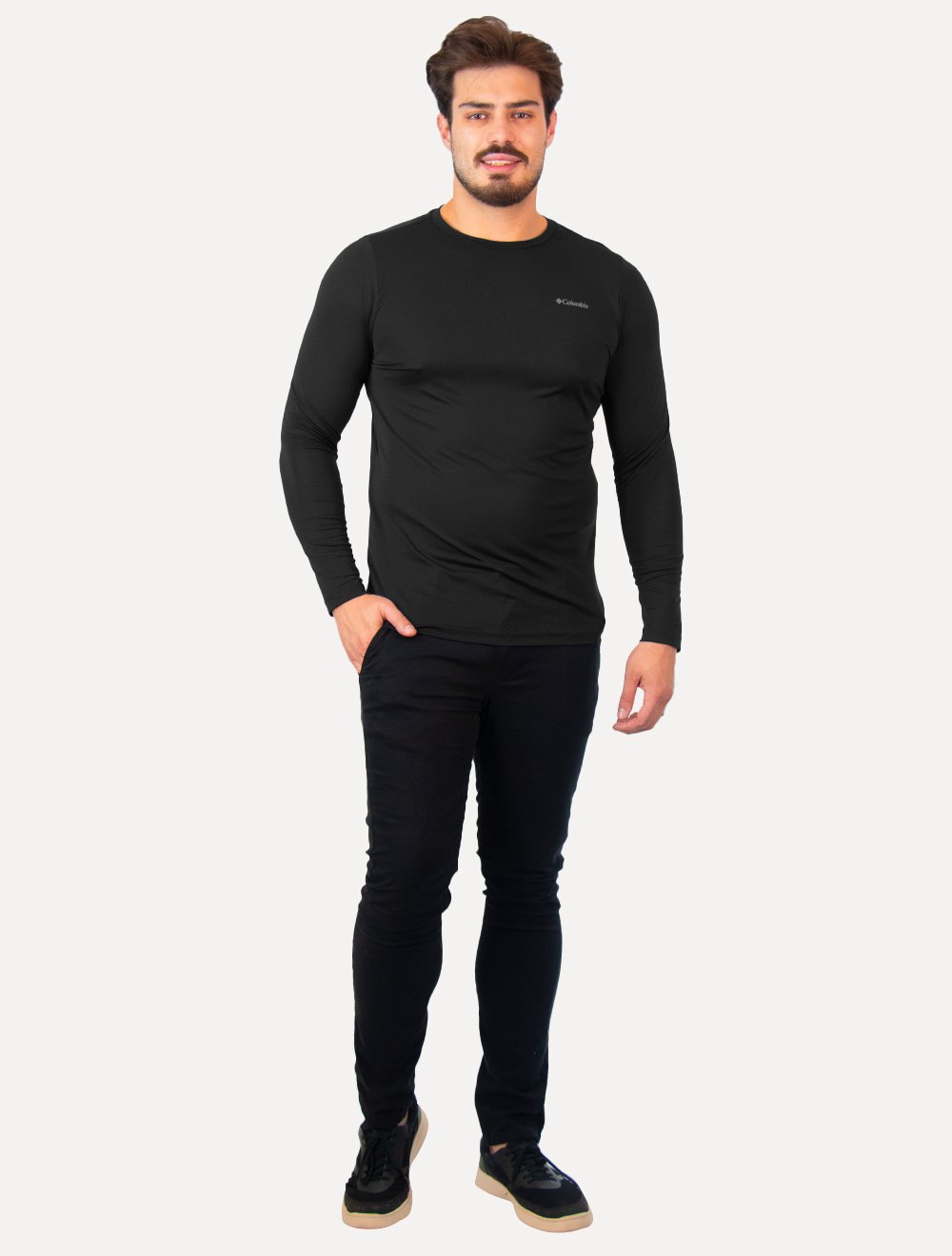 Camiseta Columbia Masculina Manga Longa Neblina Grey Logo Preta