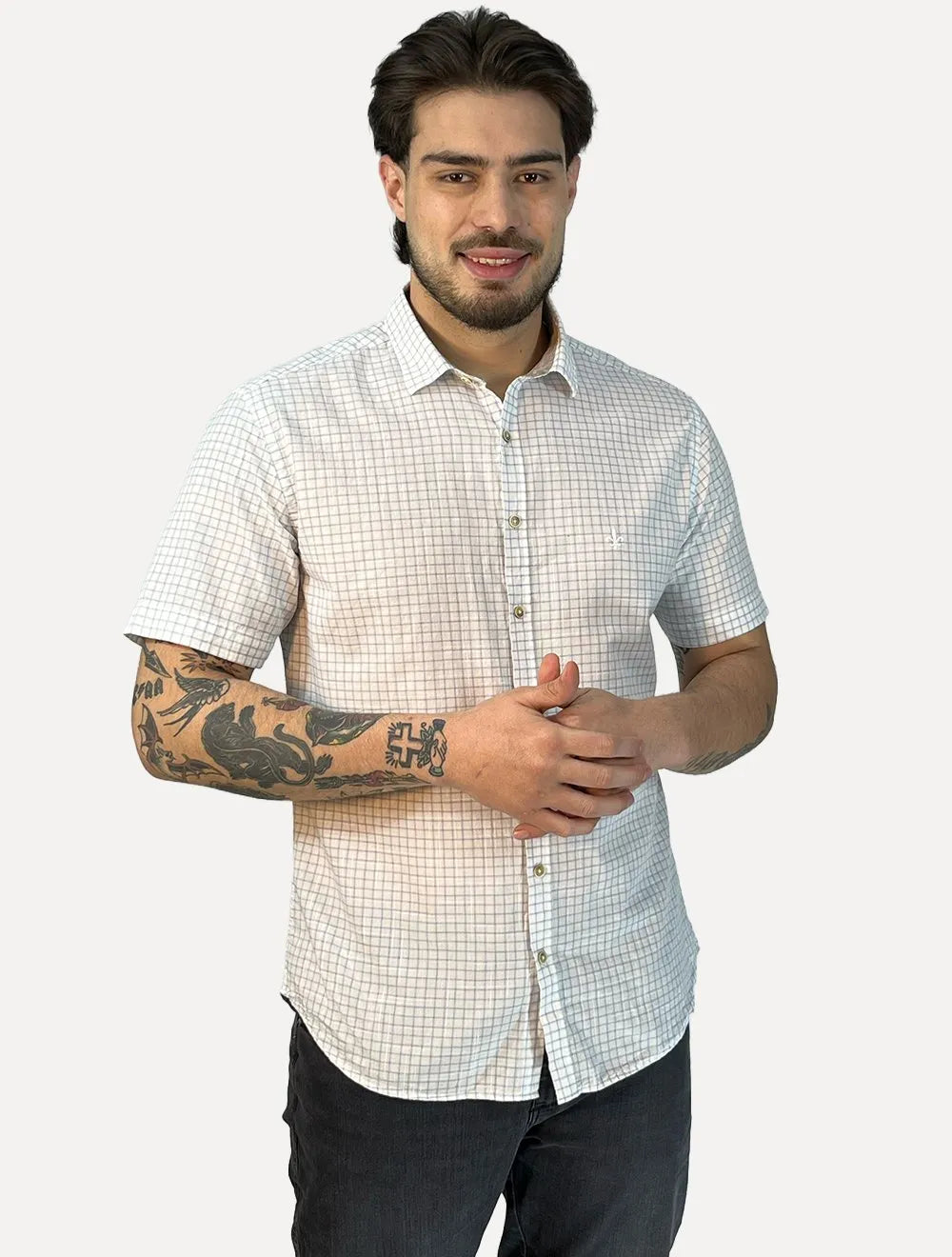 Camisa Dudalina Masculina Manga Curta Slim Flamê Xadrez Mono Logo Branca
