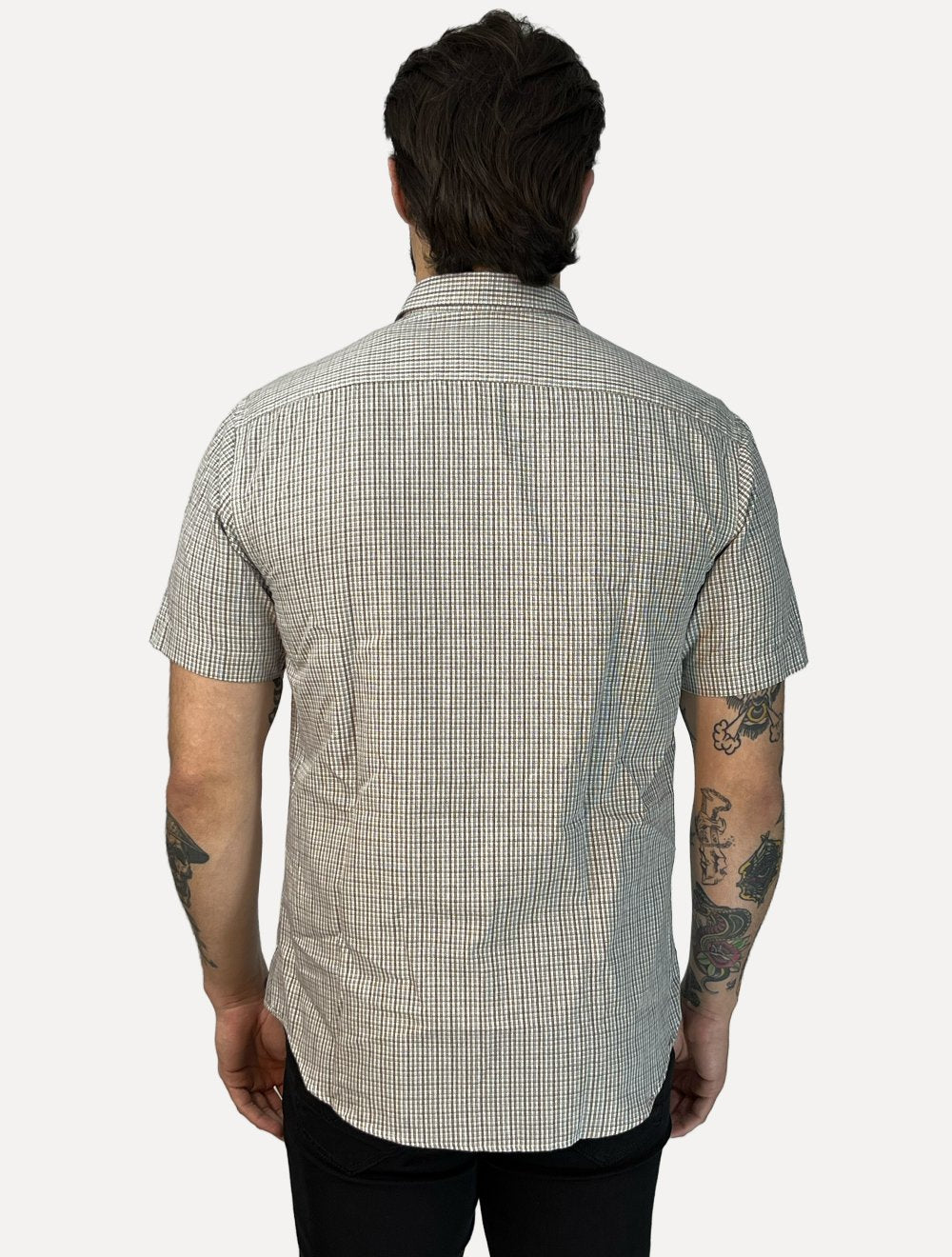 Camisa Dudalina Masculina Manga Curta Slim Tricoline Xadrez Cáqui Escuro
