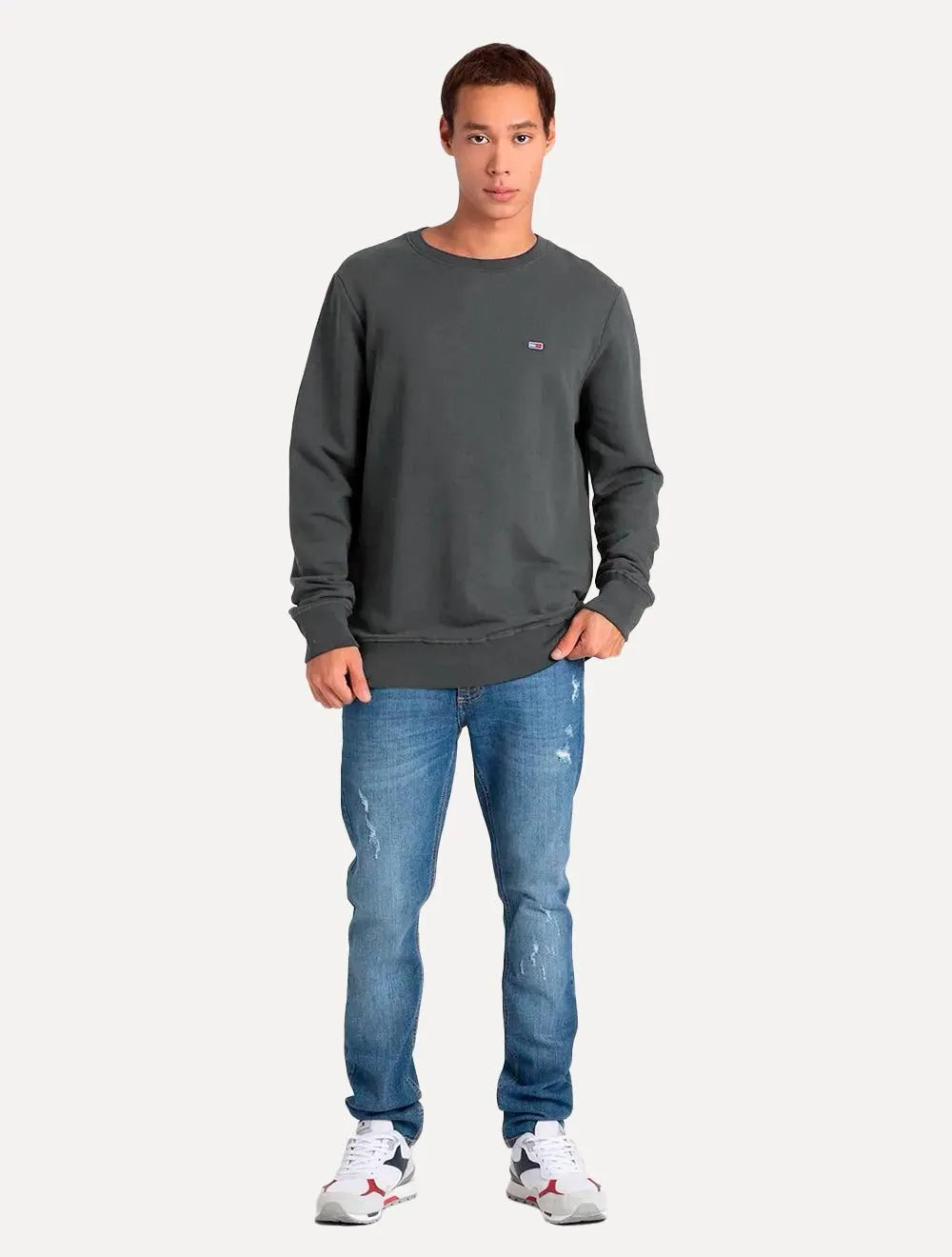 Moletom Tommy Jeans Masculino Fleece Flag Crewneck Chumbo