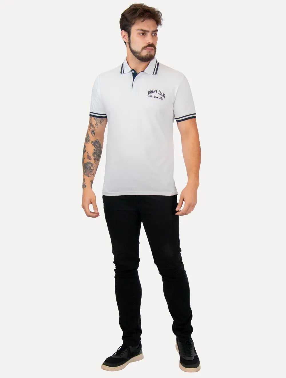 Polo Tommy Jeans Masculina Piquet Regular Tipping Branca