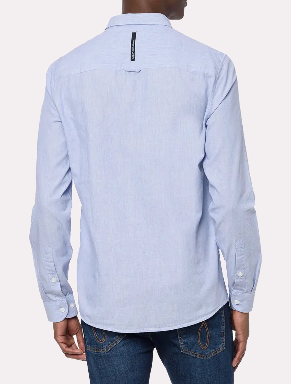 Camisa Calvin Klein Jeans Masculina Slim Listrada Silk Logo Azul Médio