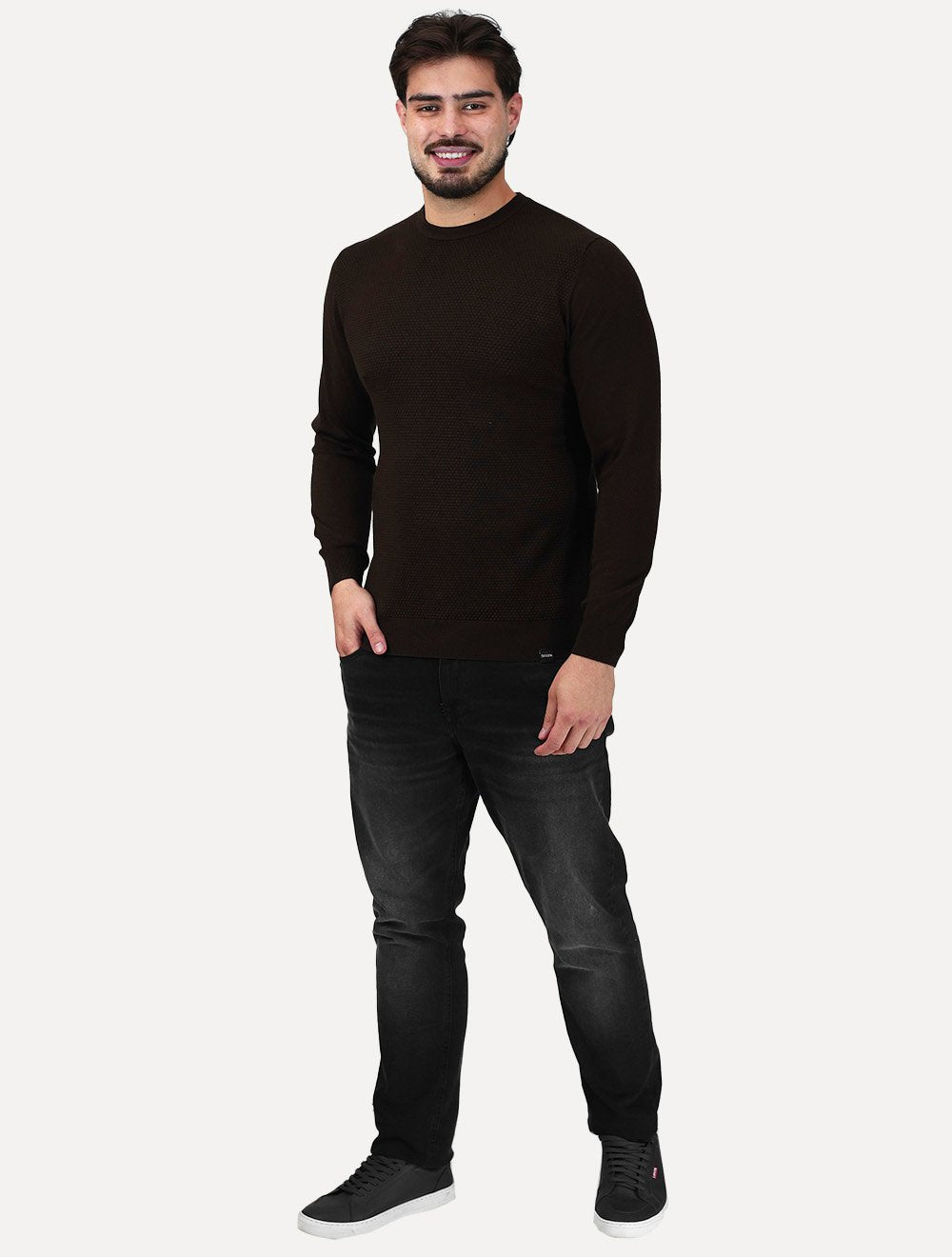 Suéter Dixen Masculina Tricot Manga Longa Frente Texturizada Marrom