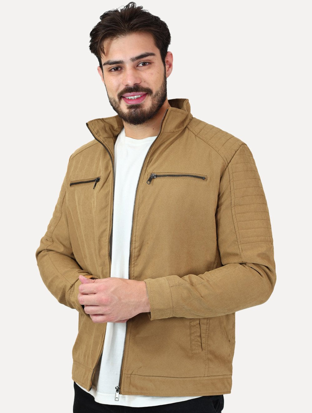 Jaqueta Dixen Masculina Sarja Forrada Zíper Frontal Pesponto nas Mangas Caramelo