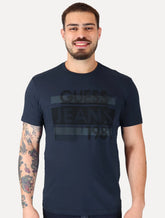 Camiseta Guess Masculina Silk Logo Scratchs Azul Marinho
