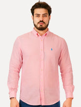 Camisa Ralph Lauren Masculina Linho Blue Icon Rosa Claro Mescla