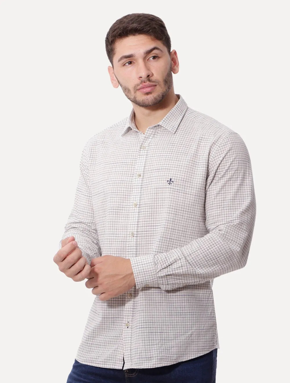Camisa Dudalina Masculina Comfort Slub Cotton Xadrez Off-White