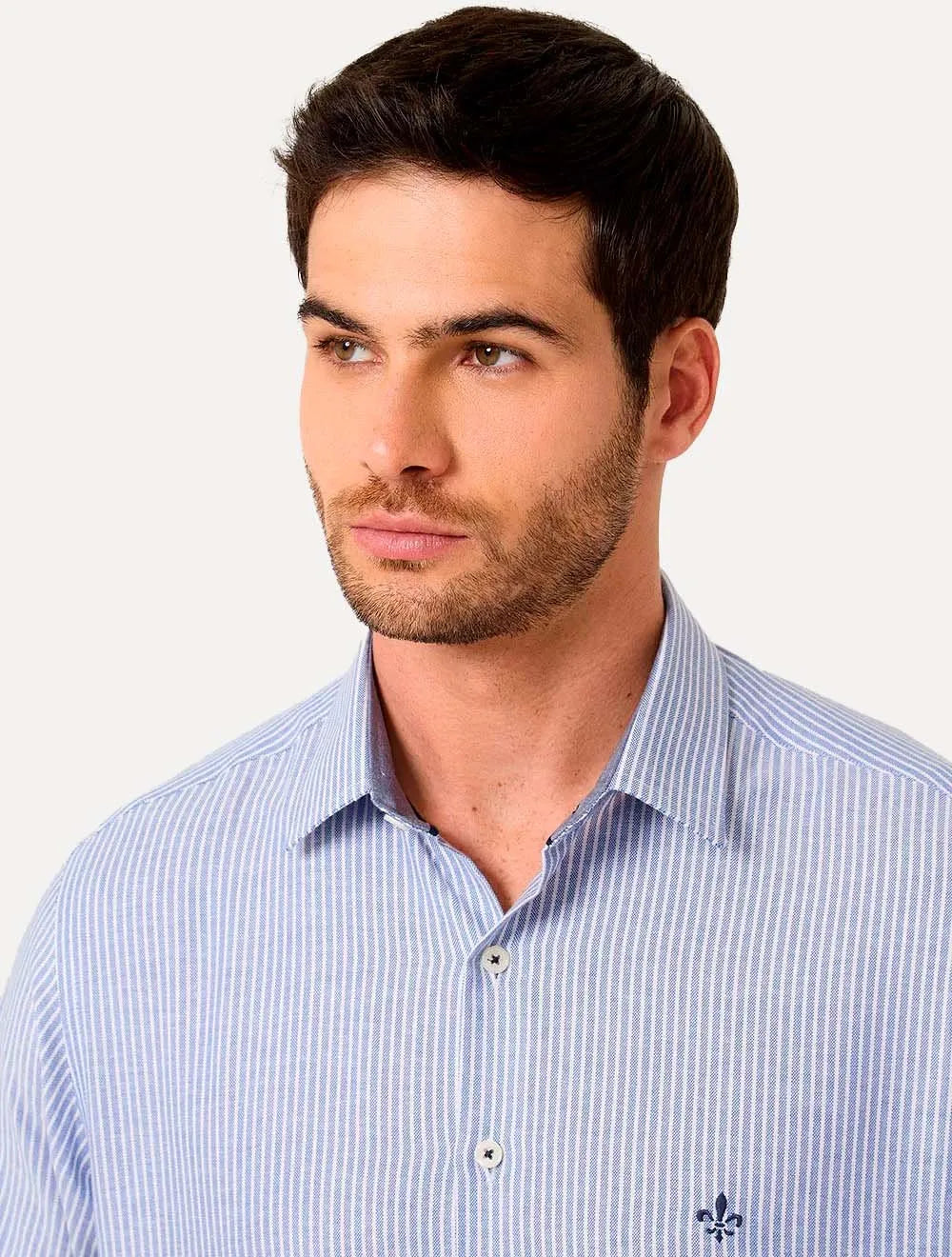 Camisa Dudalina Masculina Slim Superfine Cotton Listrada Azul Médio Mescla