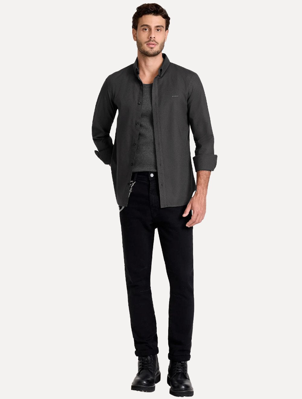 Camisa John John Masculina Slim Oxford Dark Logo Cinza Escuro