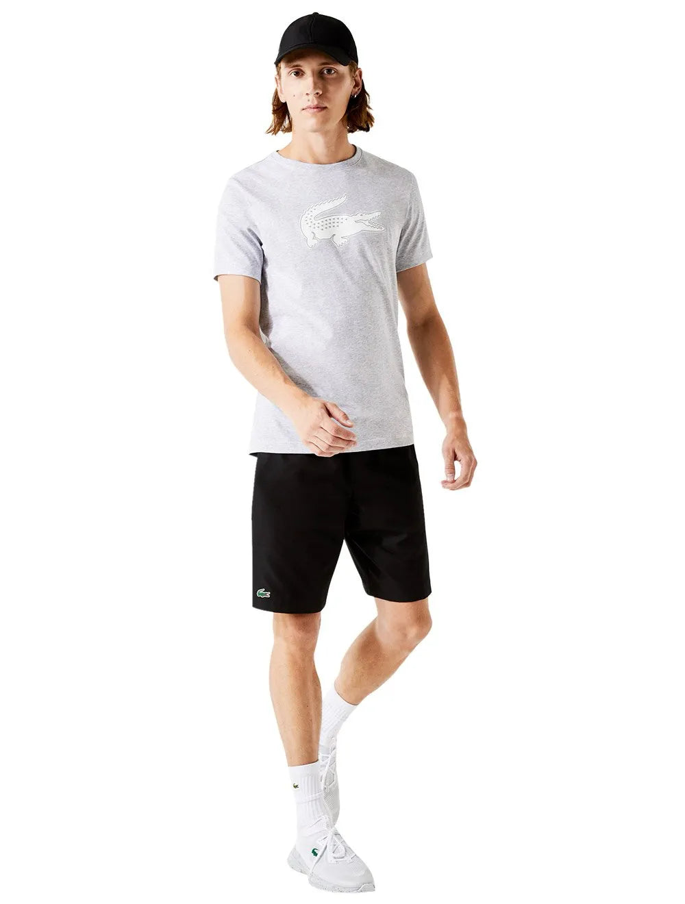 Camiseta Lacoste Masculina Jersey Sport 3D White Logo Cinza Mescla