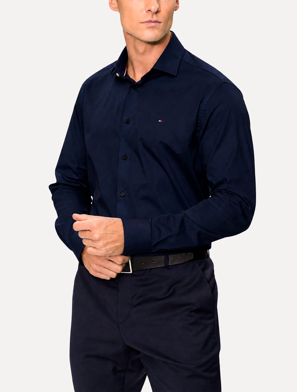 Camisa Tommy Hilfiger Masculina Slim Solid Contrast Azul Marinho