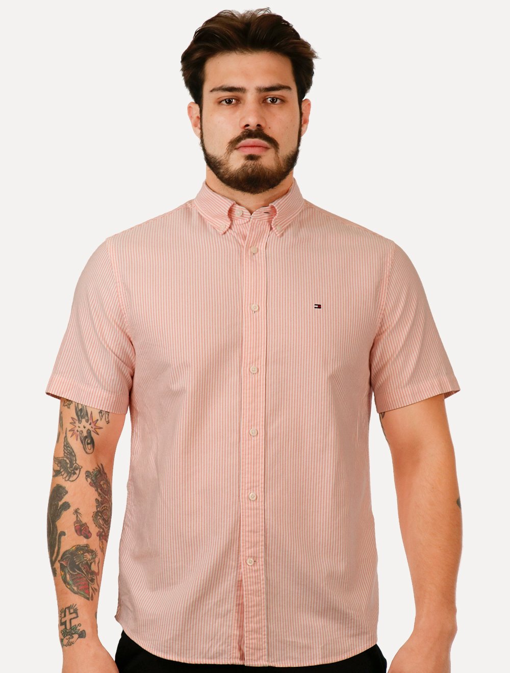 Camisa Tommy Hilfiger Masculina Manga Curta Regular Oxford Stripes Laranja Mescla