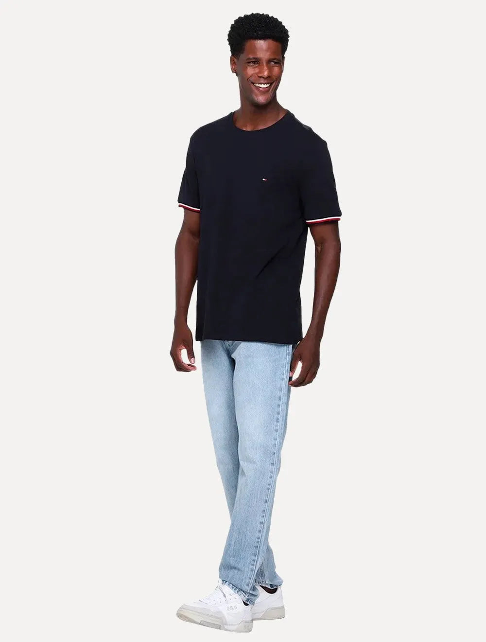 Camiseta Tommy Hilfiger Masculina Piquet Global Stripe Cuff Marinho