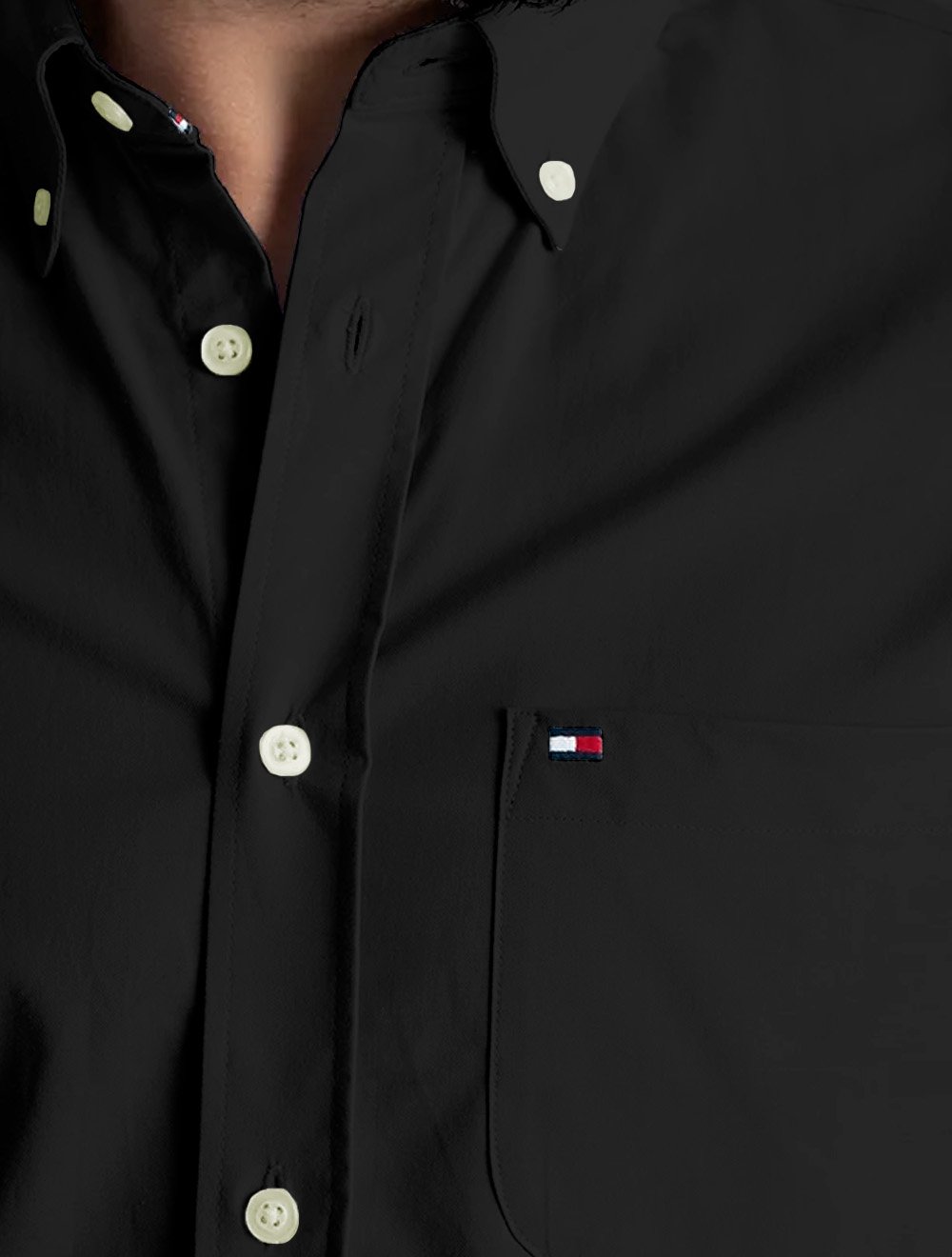 Camisa Tommy Hilfiger Masculina Manga Curta Regular Pocket Poplin Preta