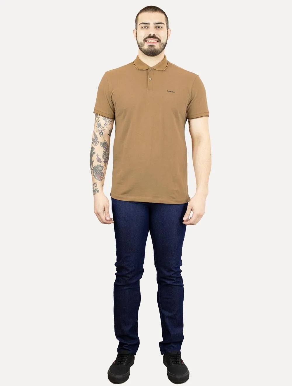 Polo Calvin Klein Masculina Piquet Slim Básica Havana Cáqui Mescla