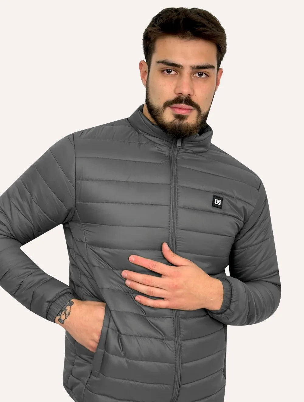 Jaqueta King & Joe Masculina Nylon Puffer Gola Cinza