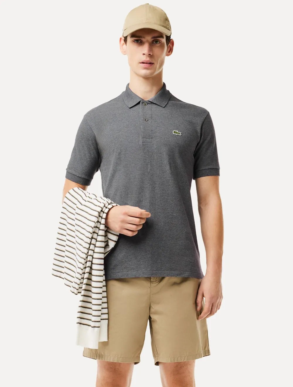 Polo Lacoste Masculina Classic Fit Mescla Cinza Mescla