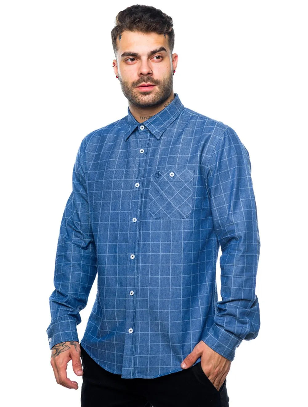 Camisa Disky Masculina Slim Fit Xadrez Navy Finale Azul