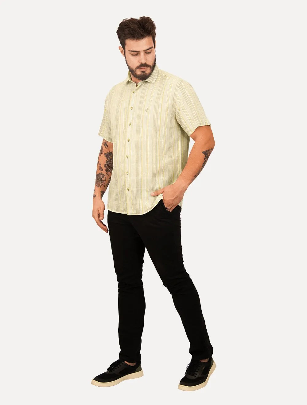 Camisa Dudalina Masculina Manga Curta Comfort Superfine Cotton Listrada Cáqui