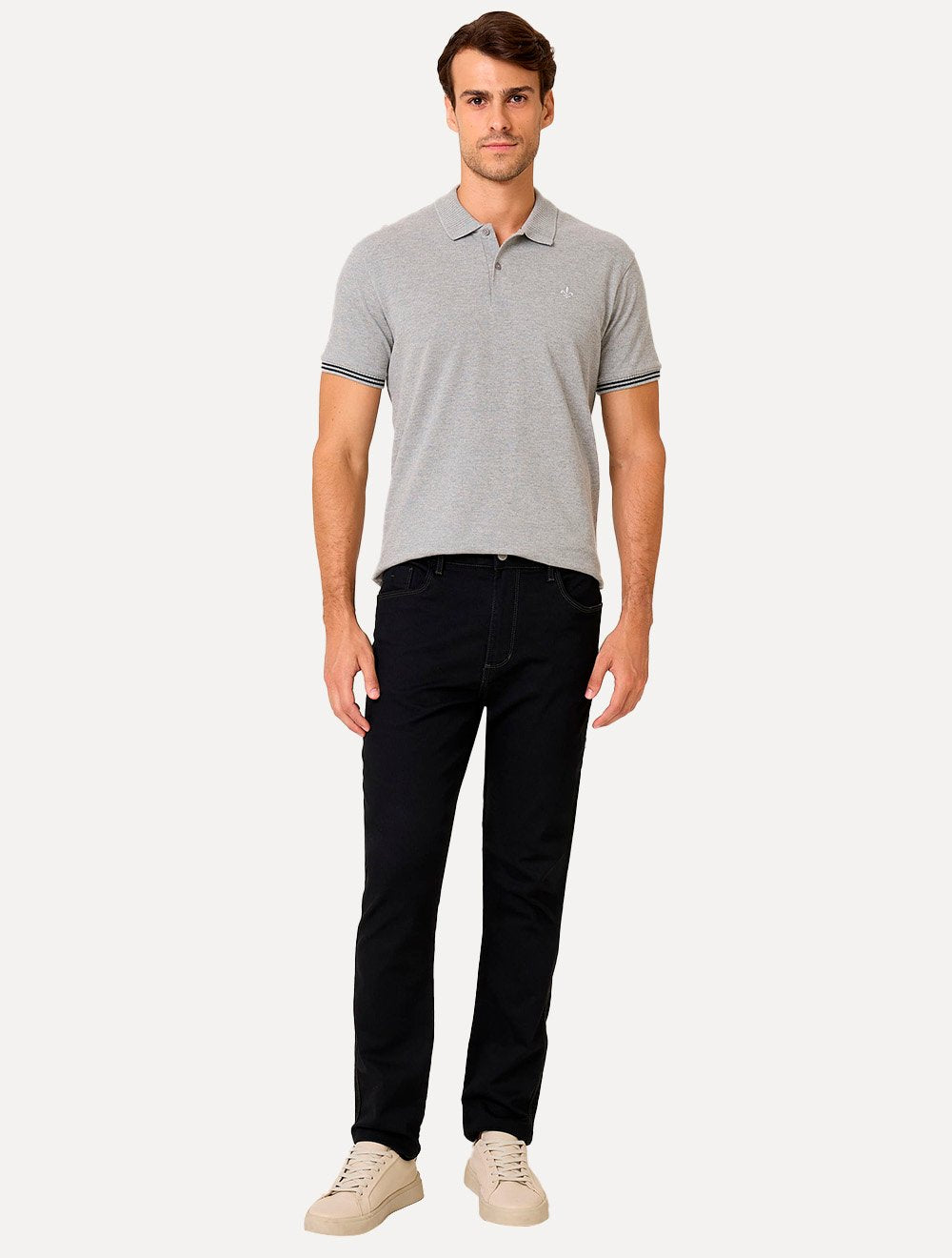 Polo Dudalina Masculina Piquet Jacquard Gola Sem Friso Cinza Mescla
