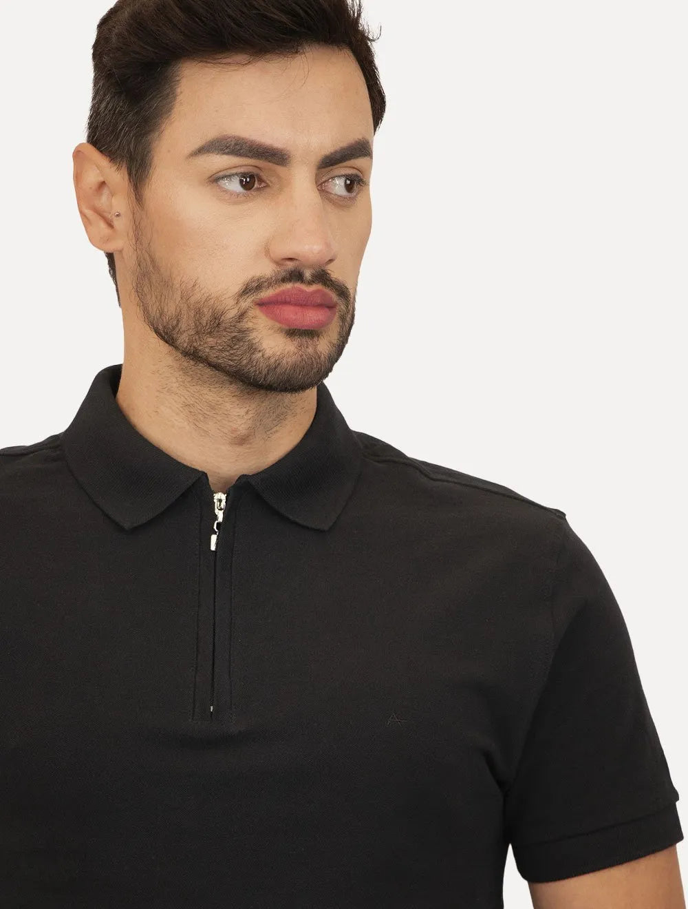 Polo Aramis Masculina Piquet Ziper All Black Preta