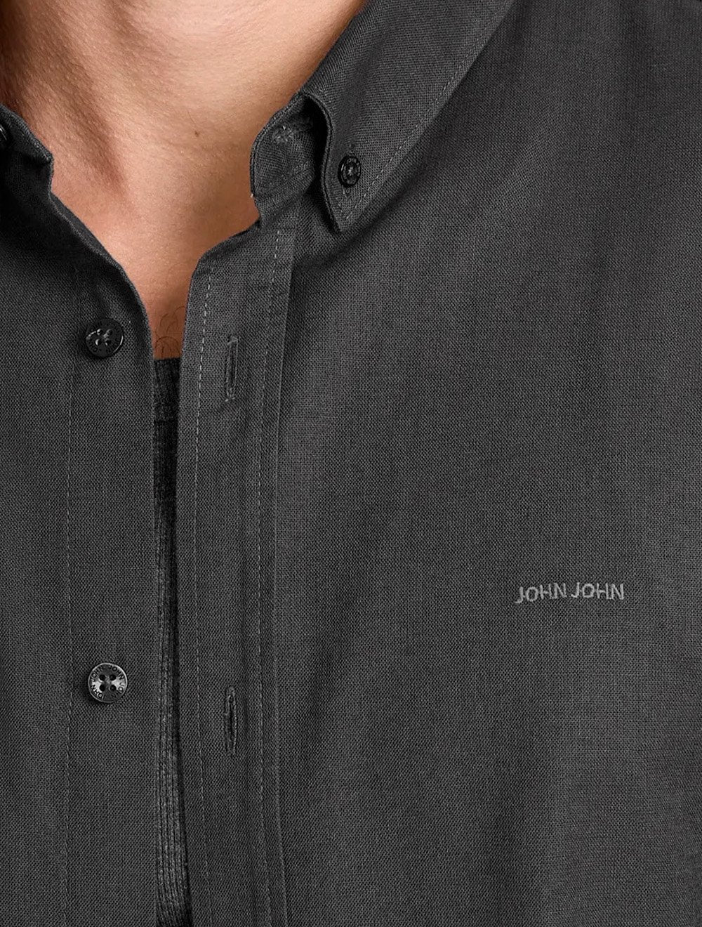 Camisa John John Masculina Slim Oxford Dark Logo Cinza Escuro