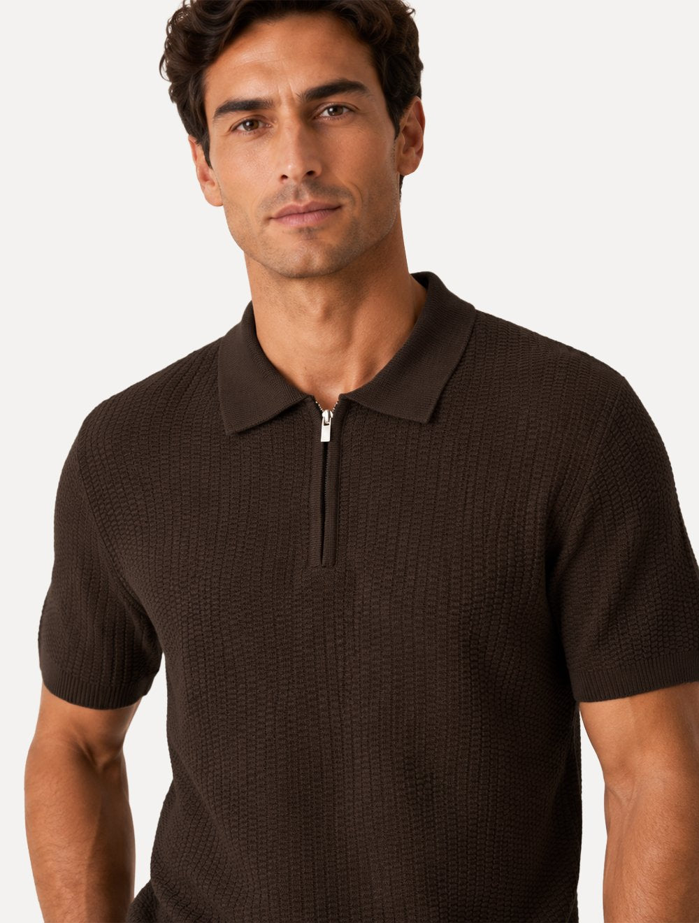 Polo Dixen Masculina Tricot Texturizada Manga Curta Ziper Marrom