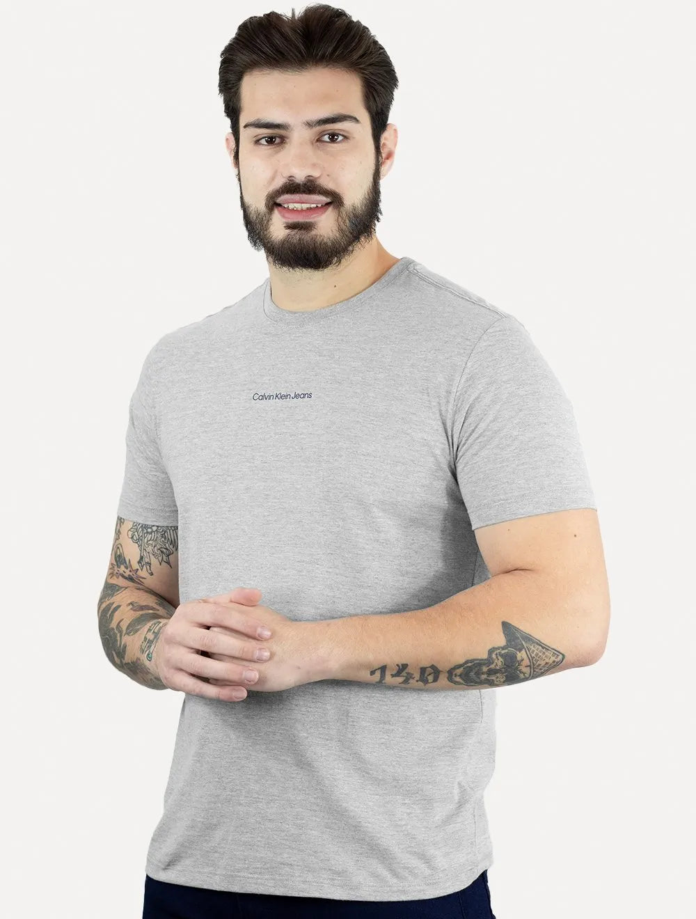 Camiseta Calvin Klein Jeans Masculina Institutional Navy New Logo Cinza Mescla