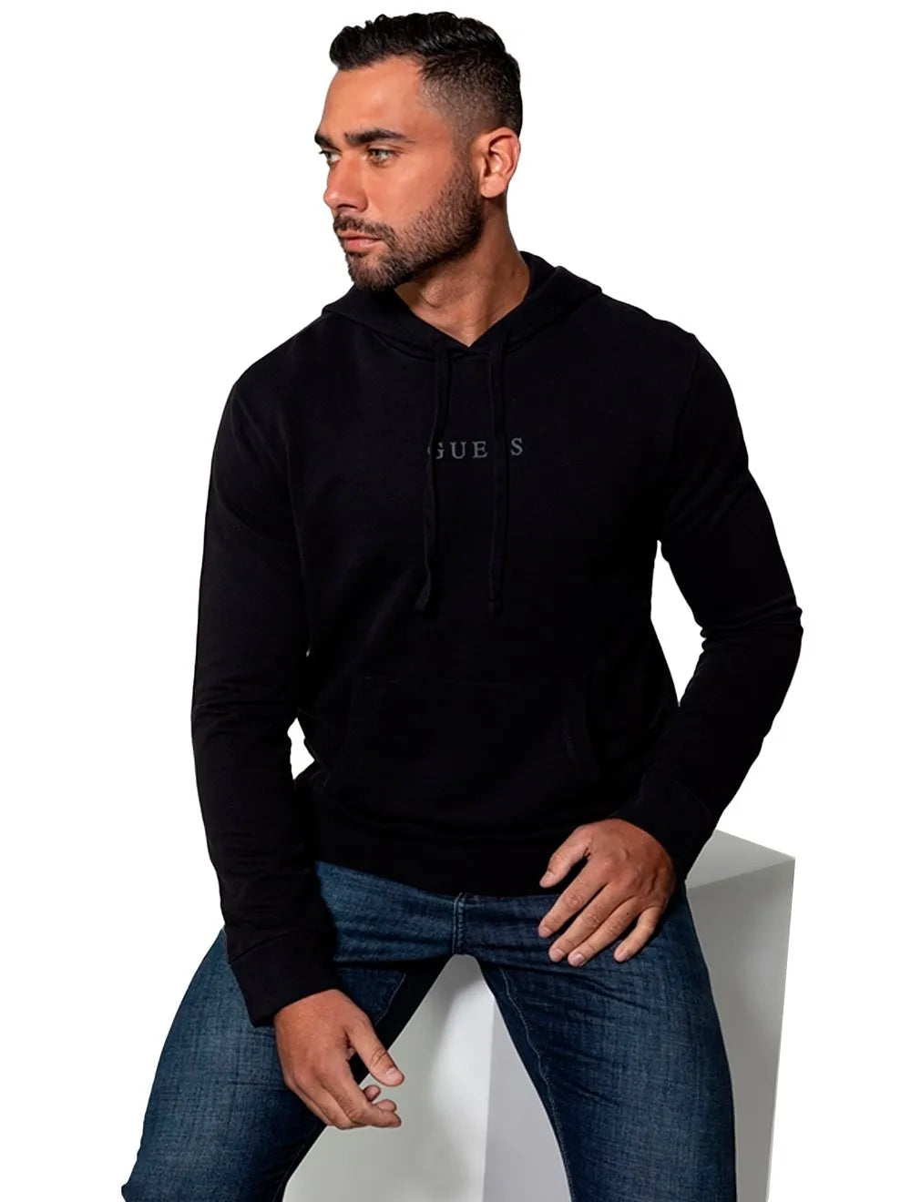 Moletom Guess Masculino Hoodie Small Logo Silk Preto