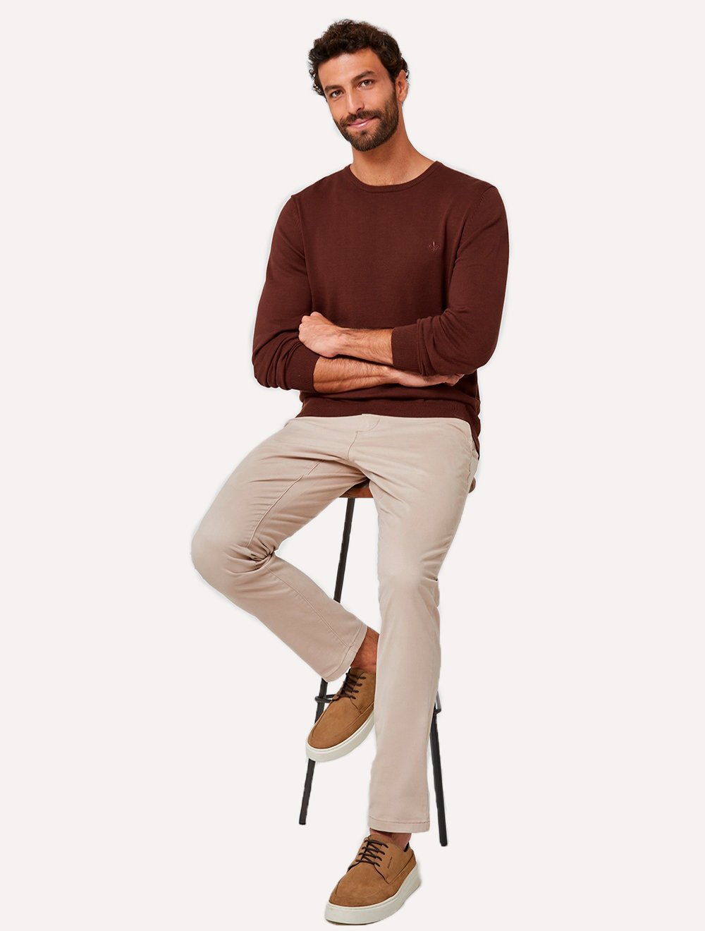 Suéter Dudalina Masculino Tricot Crewneck Basico Marrom