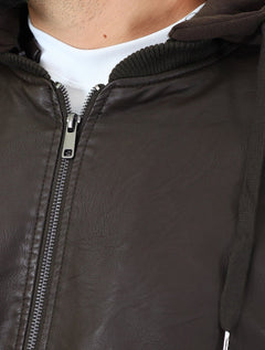 Jaqueta Dixen PU Bomber Capuz Zíper Frontal Marron