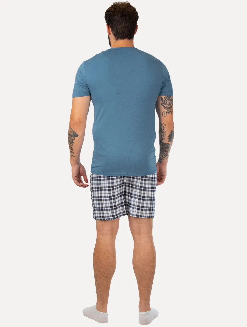 Pijama Calvin Klein Short Curto Viscolight Xadrez Logo Azul Médio