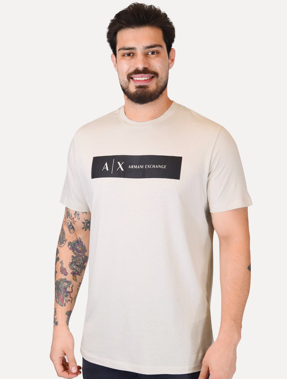 Camiseta Armani Exchange Masculina Regular Silk AX Frontal Logo Cáqui Claro