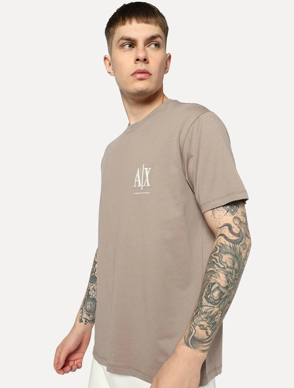 Camiseta Armani Exchange Masculina Embroidery AX Light Logo Caqui