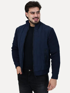 Jaqueta Masculina Nylon Manga Ribana Pocket Zip Azul Marinho