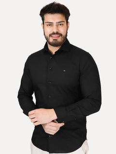 Camisa Tommy Hilfiger Masculina Slim THFlex Poplin Preto