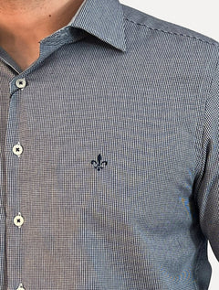 Camisa Dudalina Masculina Superfine Slim Tricoline Quadriculado Mono Logo Azul Marinho