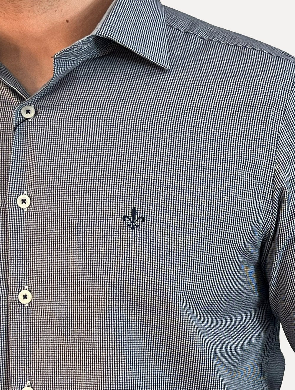 Camisa Dudalina Masculina Superfine Slim Tricoline Quadriculado Mono Logo Azul Marinho