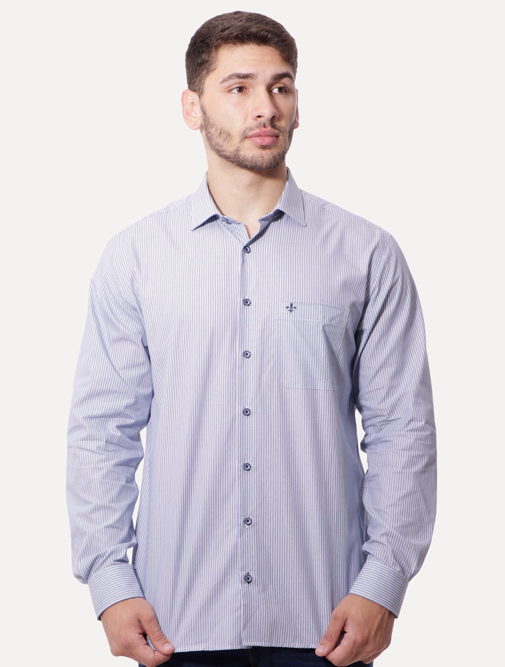 Camisa Dudalina Masculina Comfort Listrada Azul Médio