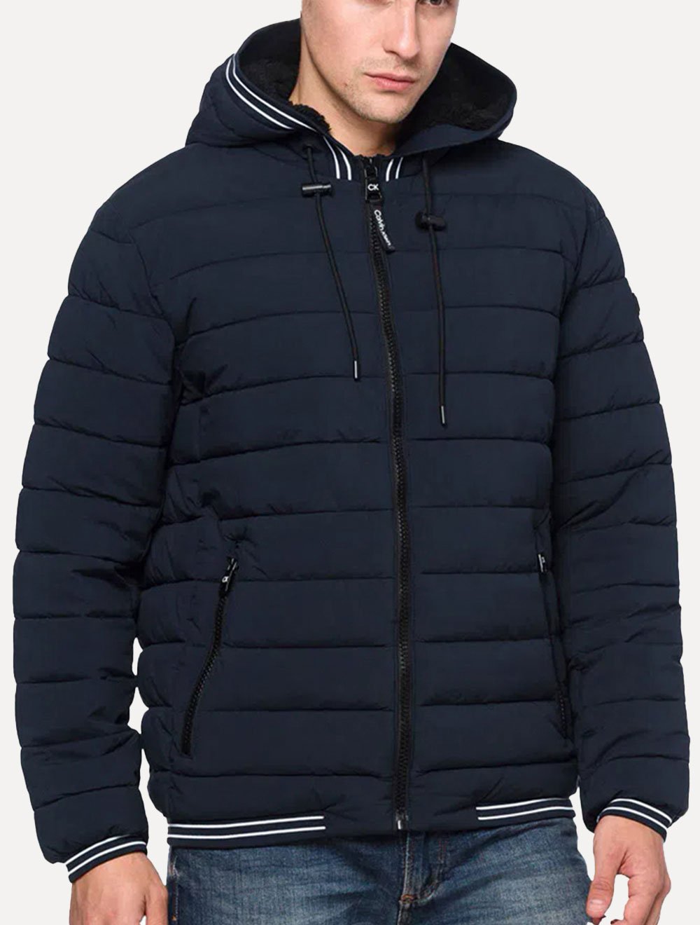 Jaqueta Calvin Klein Masculina Hoodie Matelassê Stripes Azul Marinho