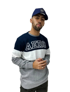 Blusa Aeropostale Masculina Tricot Aero Block Marinho/Branco/Cinza