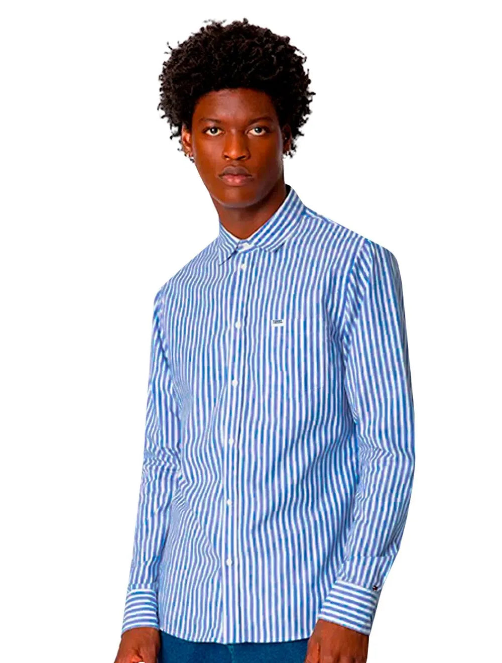 Camisa Tommy Jeans Masculina Striped Linen Blend Pocket Branca Azul Royal
