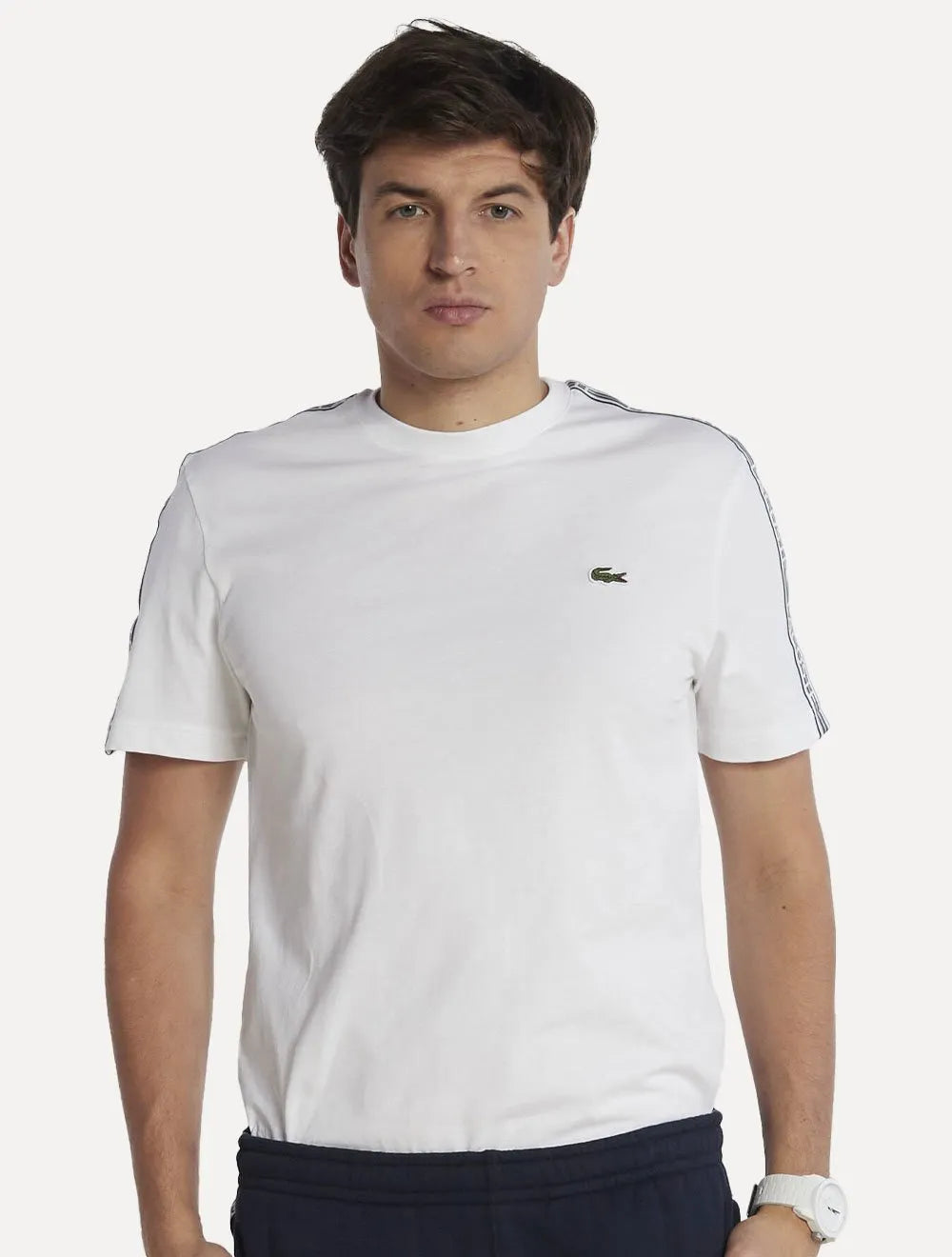 Camiseta Lacoste Masculina Regular Fit Listrada Logo Branca