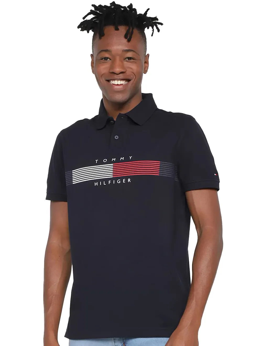 Polo Tommy Hilfiger Masculina Piquet Chest Striped Logo Azul Marinho