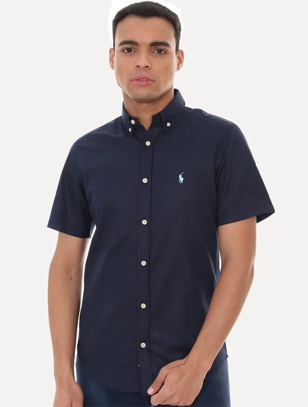 Camisa Ralph Lauren Masculina Manga Curta Custom Fit Oxford Azul Marinho