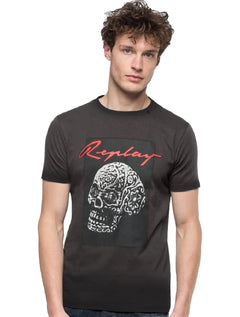 Camiseta Replay Masculina Helmet Skull Grafite